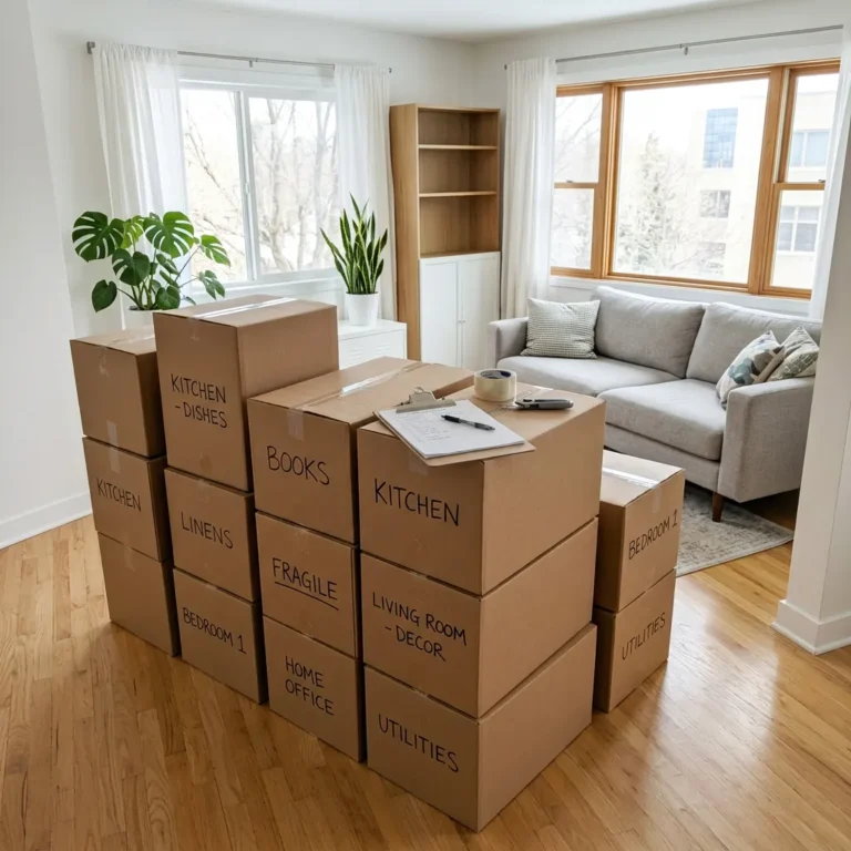 Cartons de déménagement prêts dans un appartement